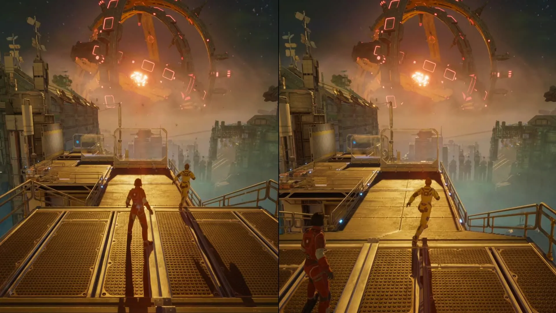 Nhân vật trong game Split Fiction né tia sáng từ ngôi sao đang sụp đổ sau tấm khiên kính tại màn Collapsing Star