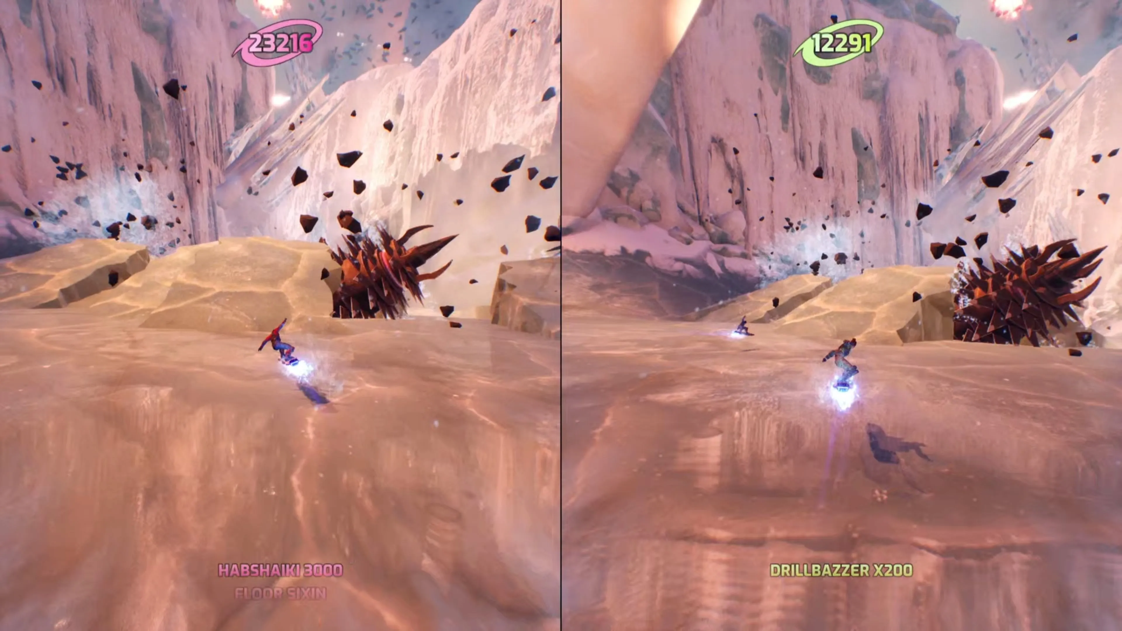 Nhân vật trong Split Fiction đang thực hiện kỹ thuật grind trên đường ray ở Slopes of War