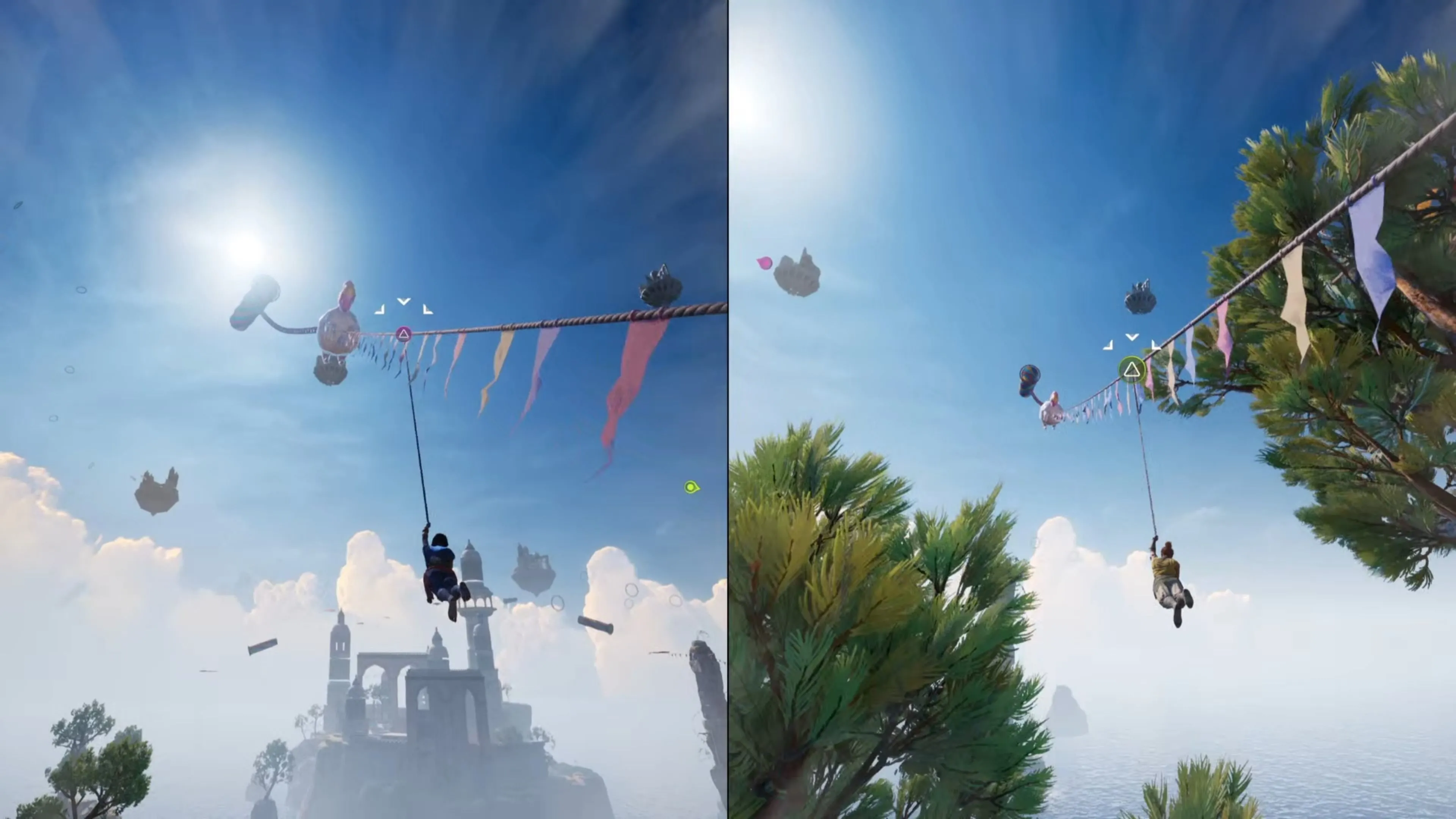 Nhân vật trong Split Fiction Kites đu zipline với hiệu ứng tốc độ