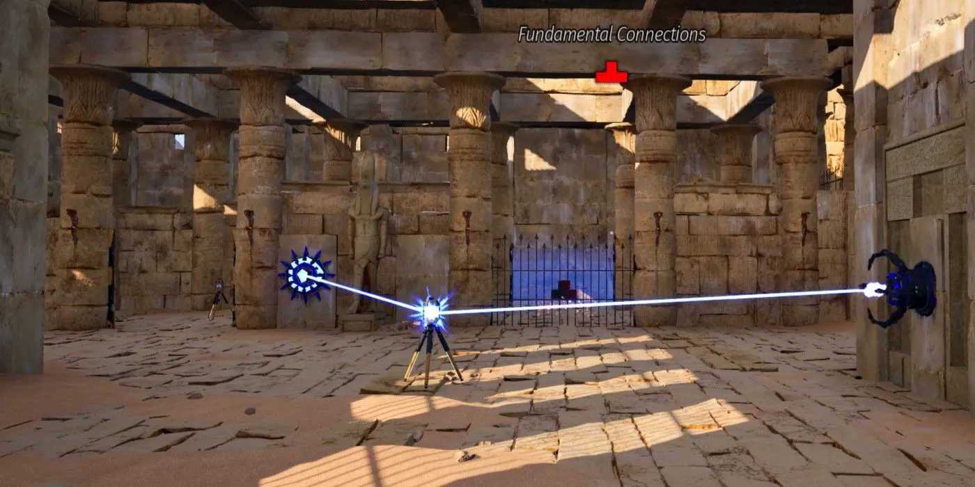Nhân vật trong The Talos Principle 2 đang giải câu đố Kết Nối Cơ Bản hóc búa
