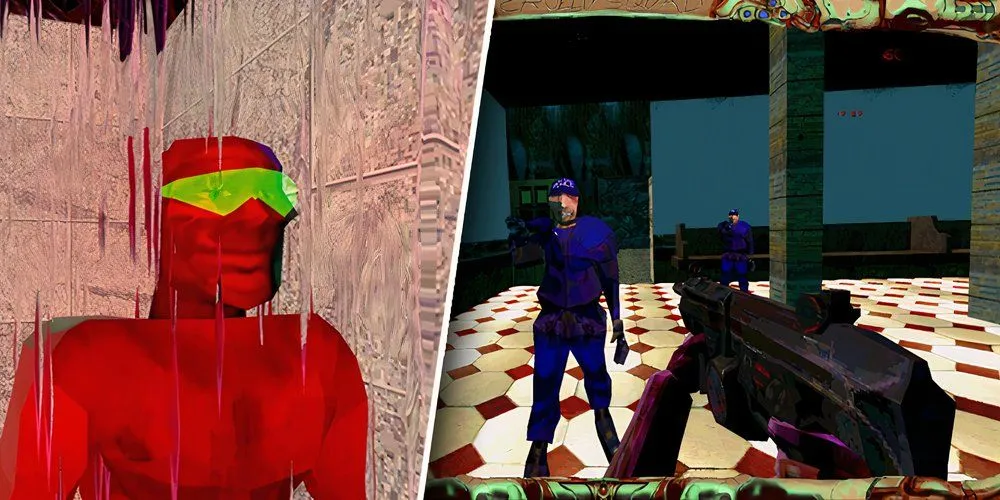 Nhân vật với tạo hình kỳ dị trong game Cruelty Squad và giao diện rối mắt đặc trưng