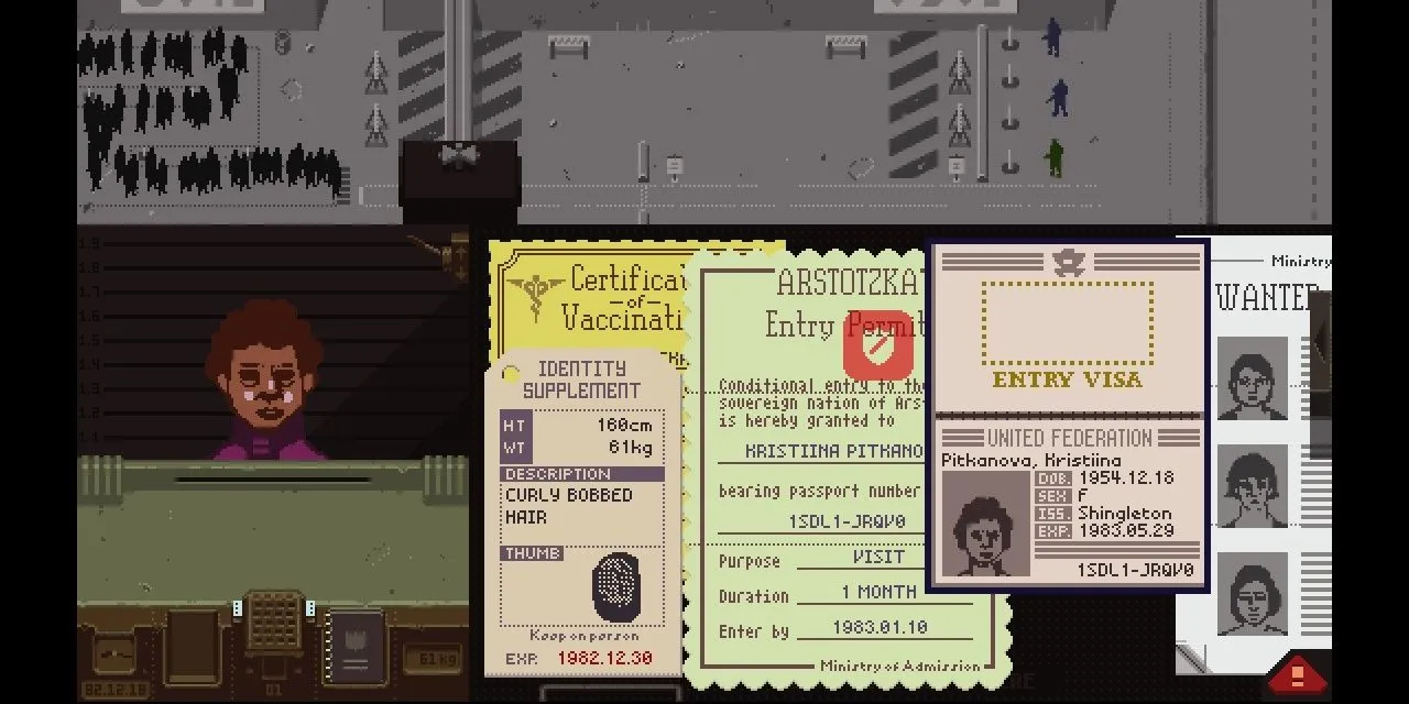 Nhân viên kiểm tra giấy tờ tại cửa khẩu trong game Papers, Please.