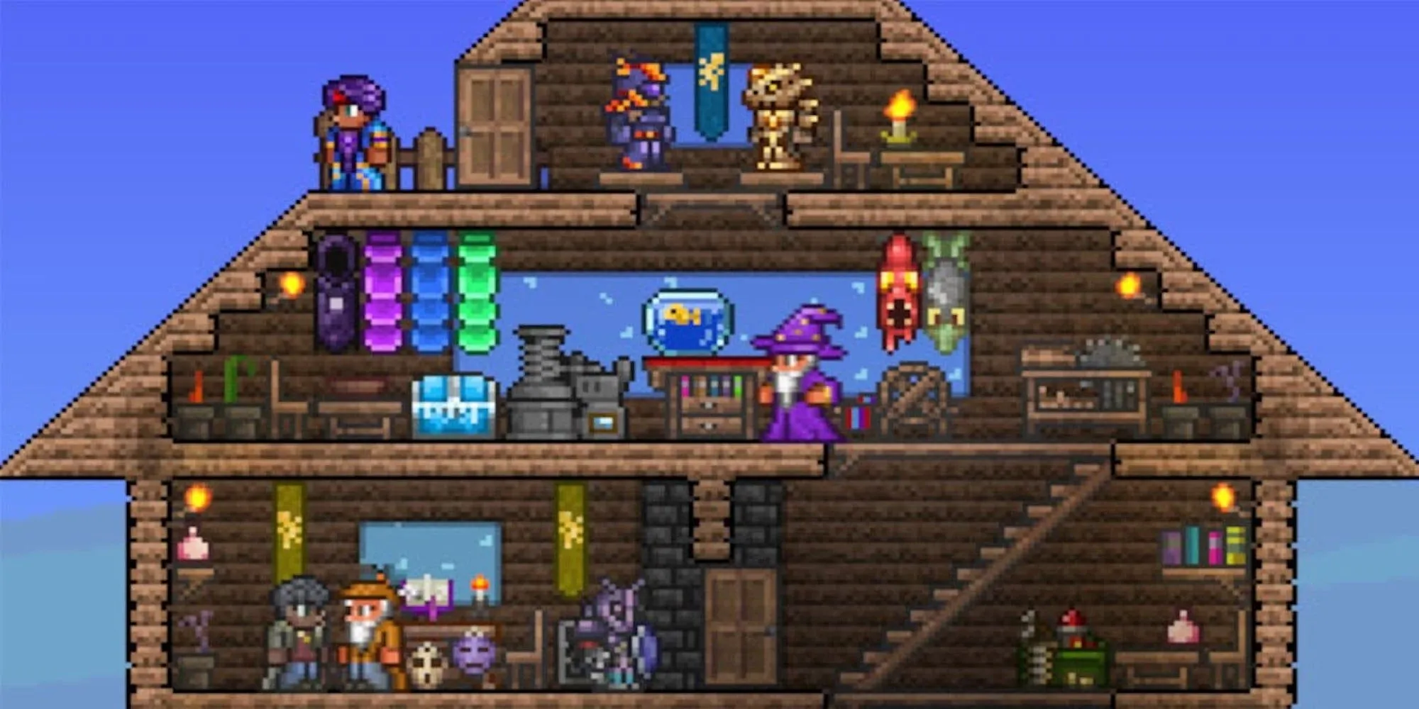Nhiều nhân vật game thủ cùng xây dựng căn cứ trong Terraria, minh họa khả năng co-op.