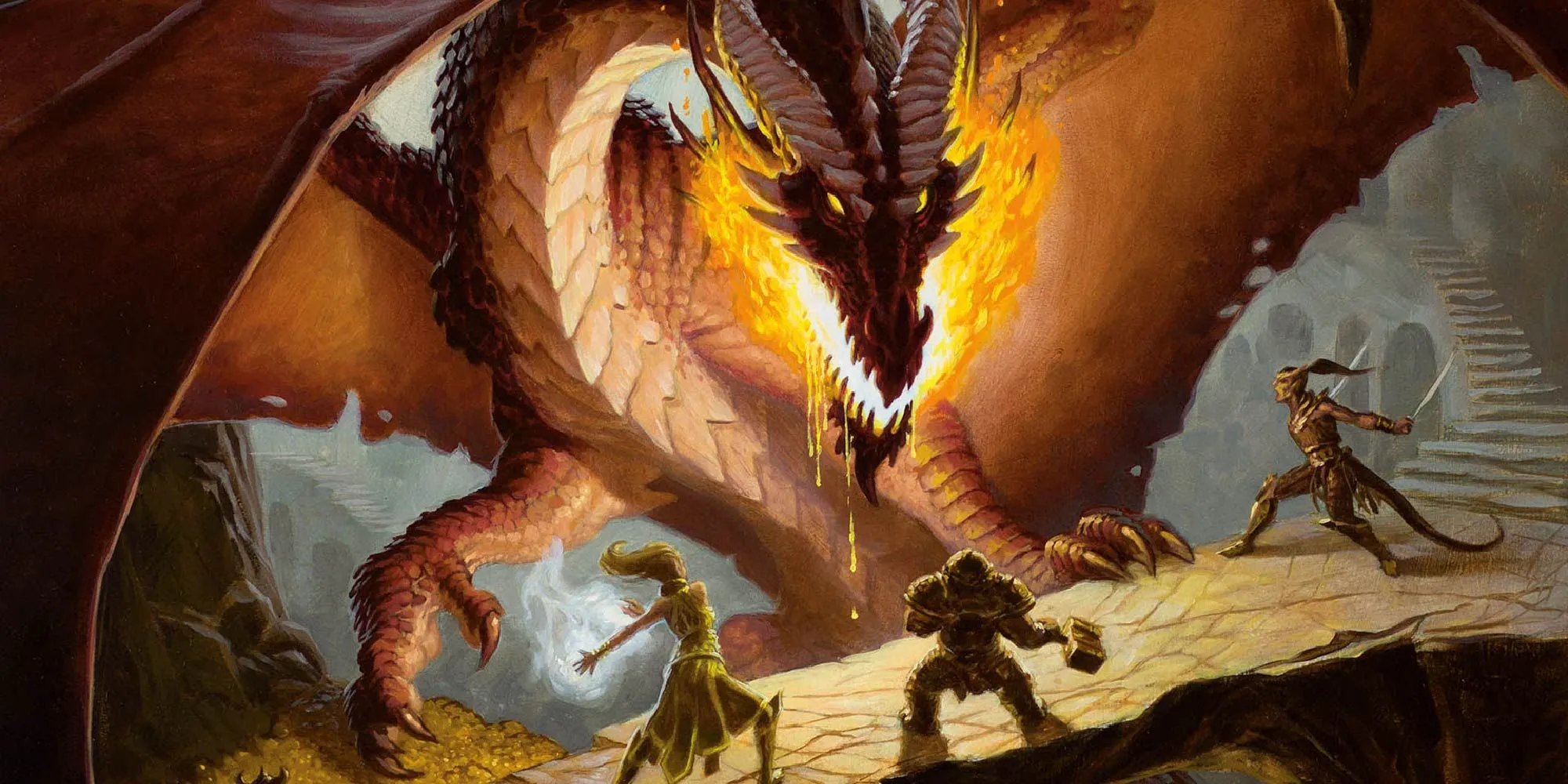 Nhóm nhà thám hiểm Dungeons &amp; Dragons chiến đấu với rồng đỏ hung dữ