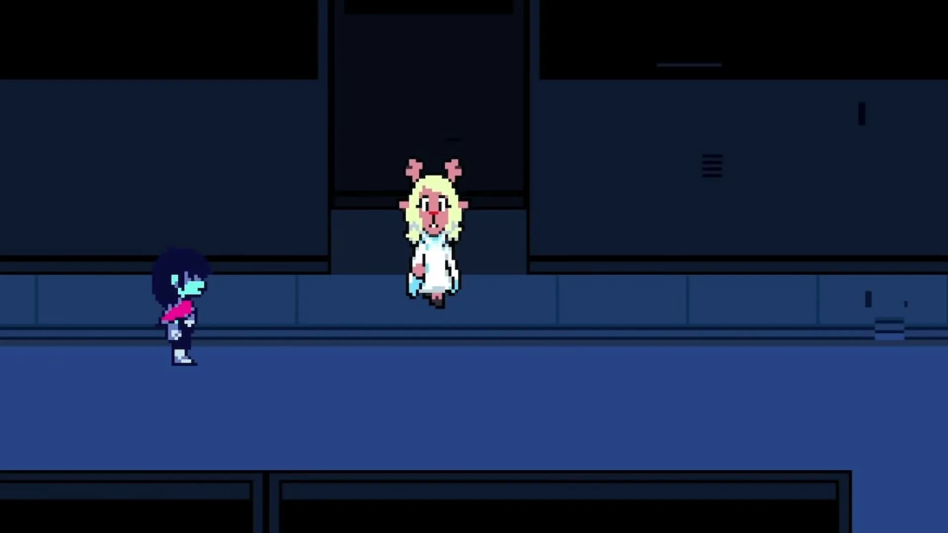 Noelle và Kris trong một cảnh game Deltarune, gợi nhắc đến những mối quan hệ và bí ẩn xung quanh gia đình Holiday, đặc biệt là Dess.