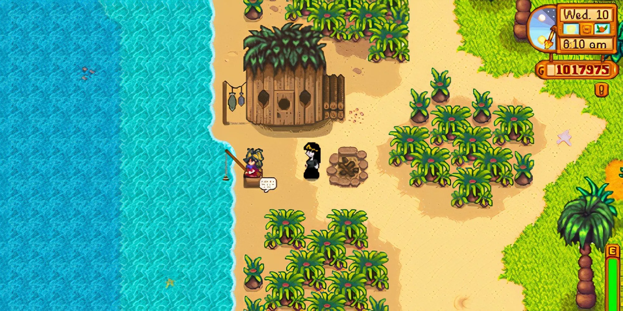 NPC Birdie ngồi câu cá ở khu vực phía Tây Đảo Ginger trong Stardew Valley