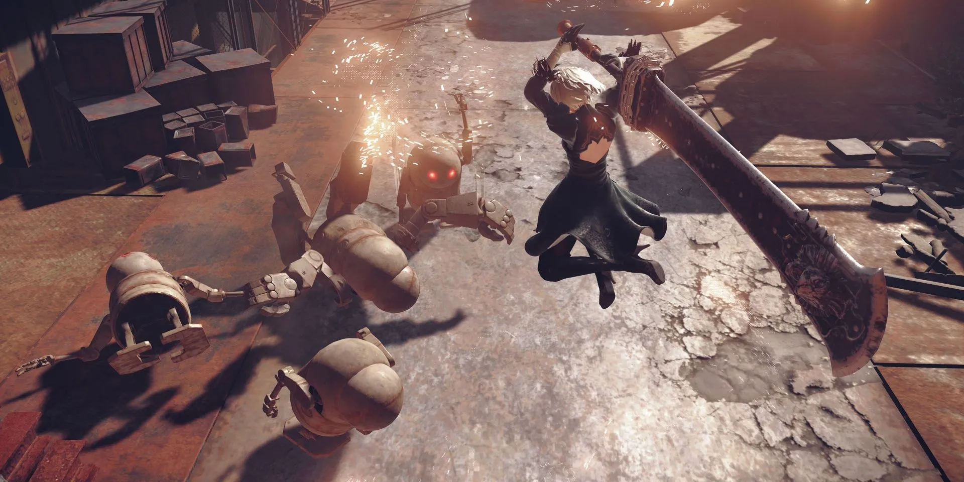 Nữ android 2B chiến đấu trong NieR: Automata với thanh kiếm katana