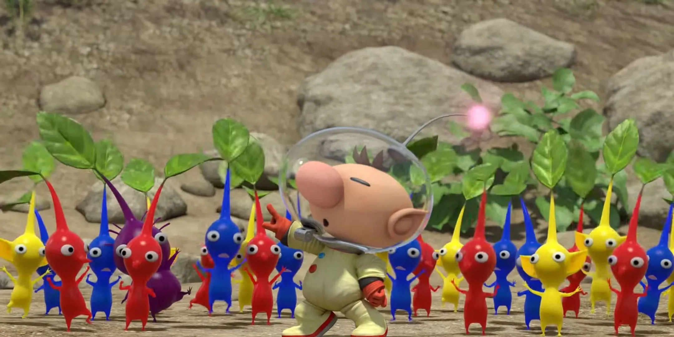 Olimar chỉ huy nhóm Pikmin đủ màu sắc trong Pikmin 3