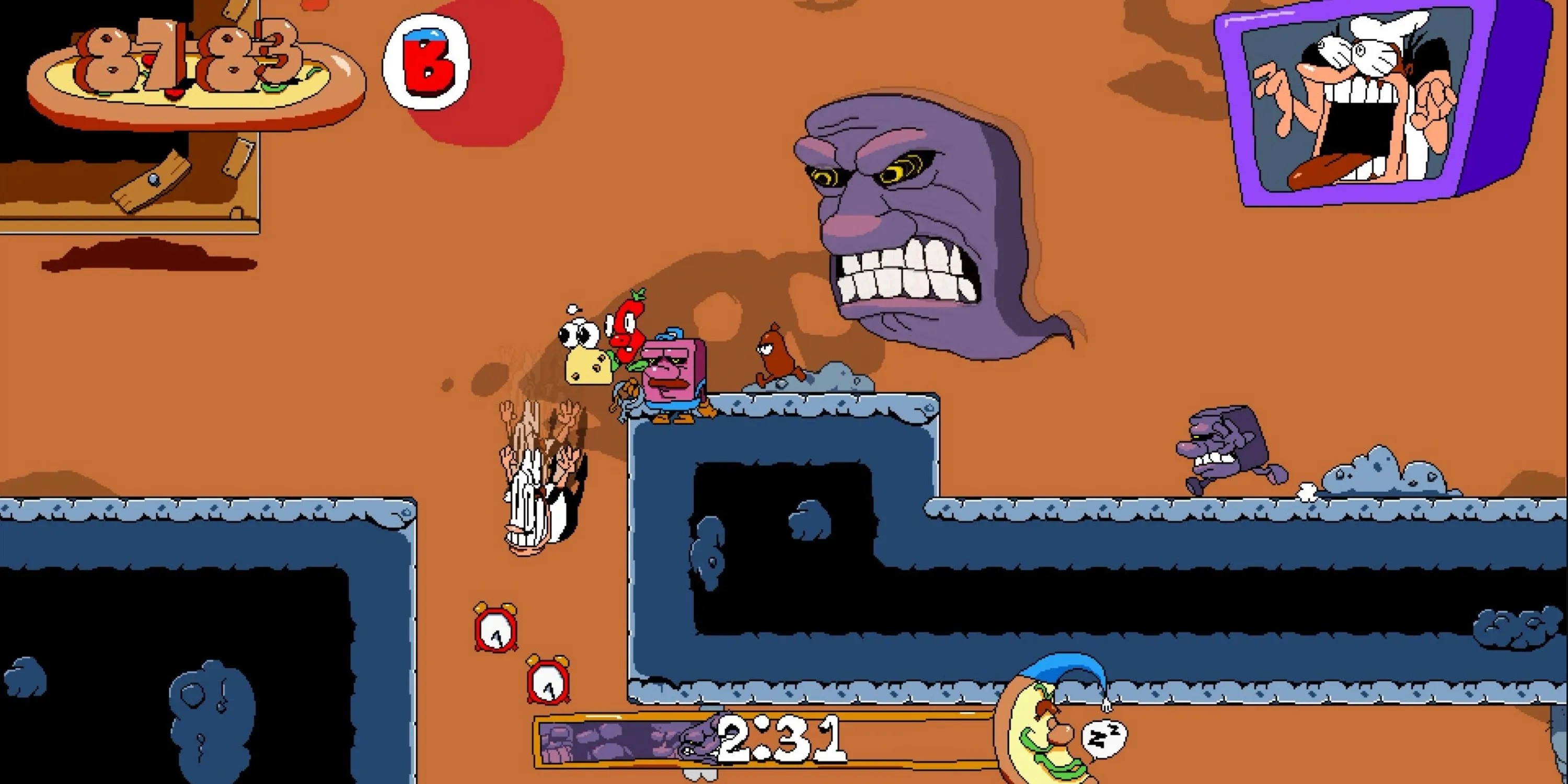 Peppino Spaghetti chạy với tốc độ chóng mặt trong Pizza Tower, thể hiện cơ chế speedrun độc đáo của game