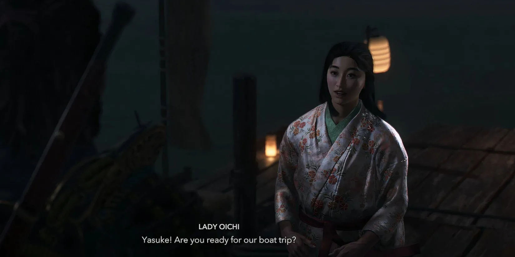 Phu nhân Oichi chờ đợi Yasuke tại bến tàu đền Isakiji trong Assassin's Creed Shadows
