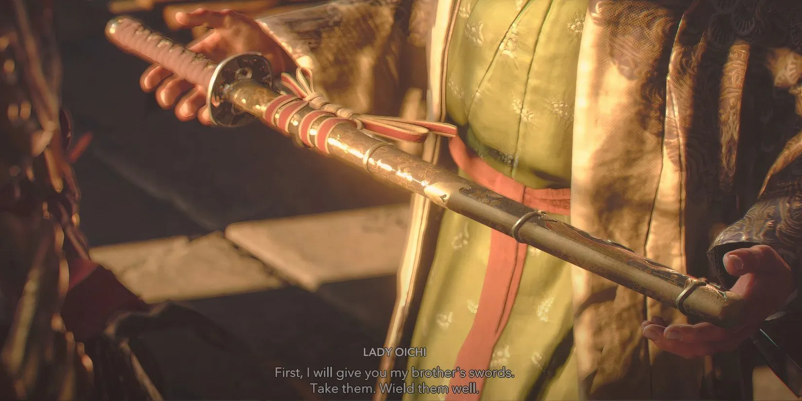 Phu nhân Oichi trao cho Yasuke thanh kiếm Myth Slayer