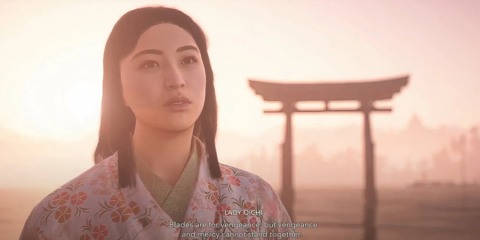 Phu nhân Oichi và Yasuke trò chuyện bên cạnh đền Shirahige sau khi hoàn thành nghi lễ