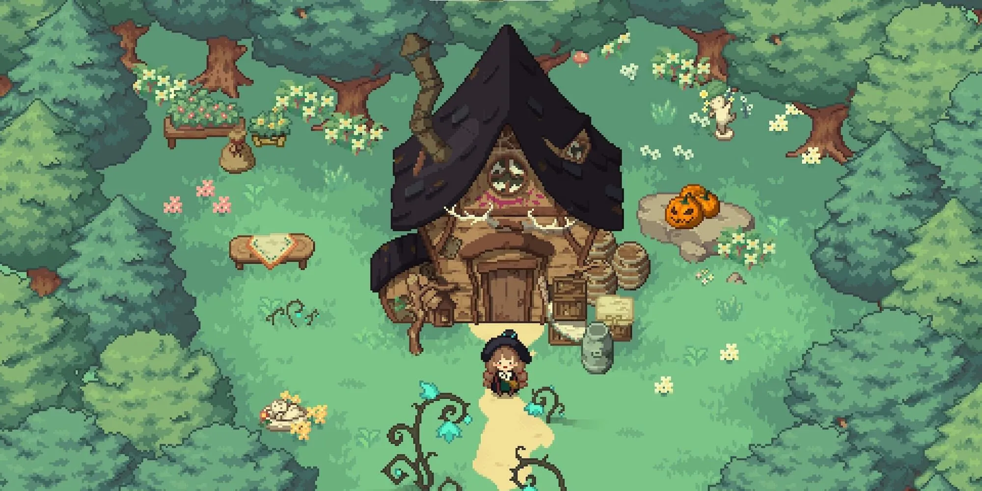 Phù thủy nhỏ đứng trước ngôi nhà tranh trong Little Witch in the Woods