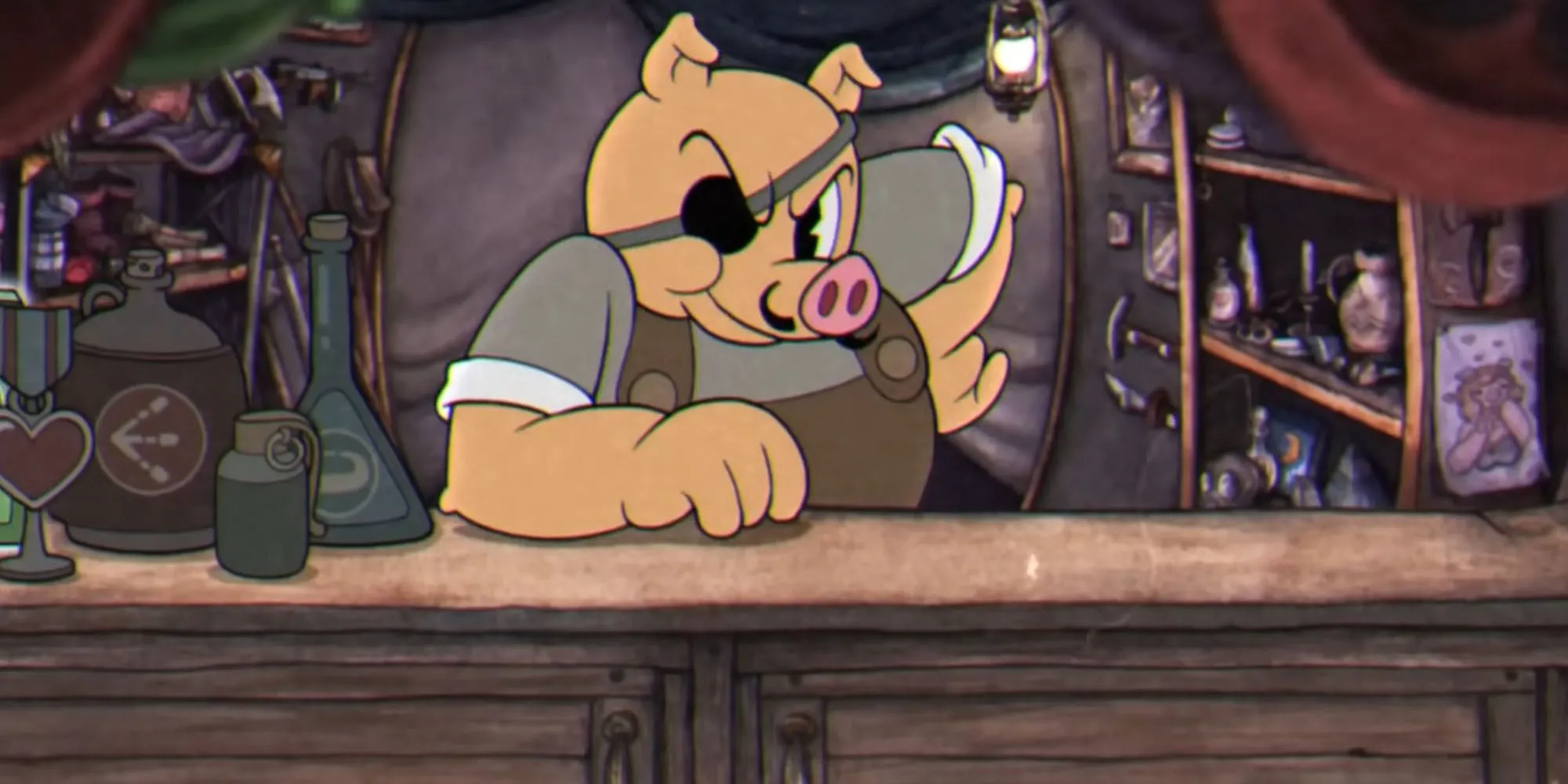 Porkrind, chủ cửa hàng hình heo trong Cuphead, với vẻ mặt cau có