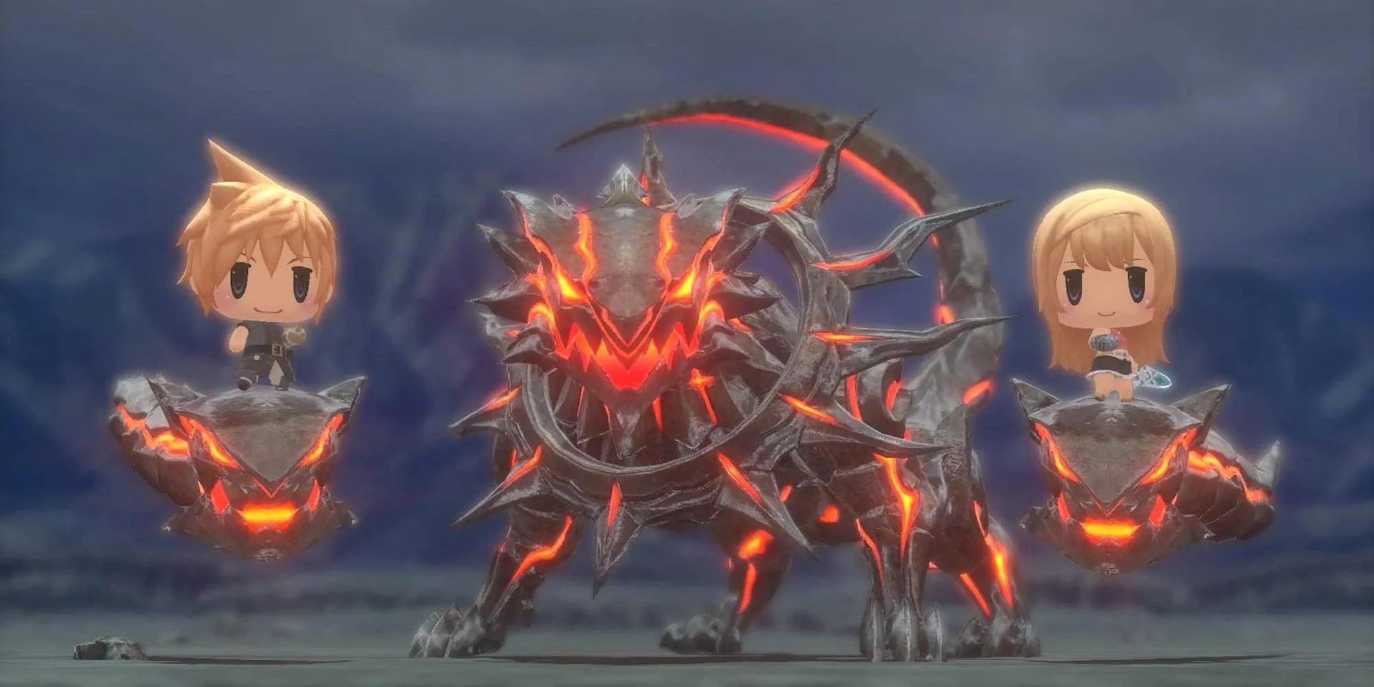 Quái vật cùng hai nhân vật chibi trong World of Final Fantasy