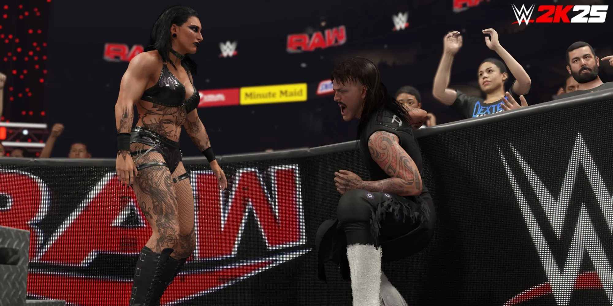 Rhea Ripley và Dominik Mysterio đối đầu trong một trận đấu WWE 2K25