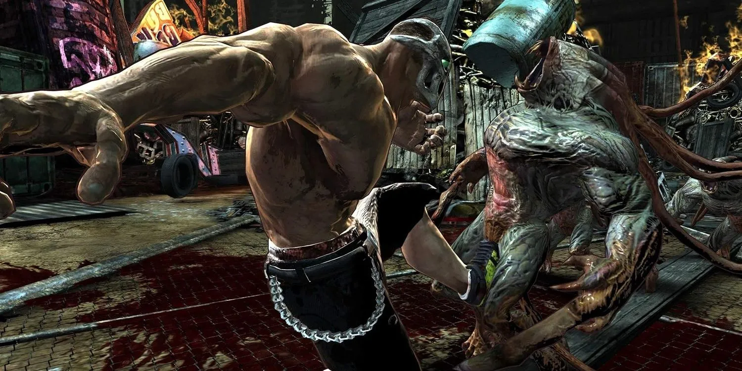 Rick tung cú đá vào kẻ thù trong Splatterhouse phiên bản 2010 đầy bạo lực