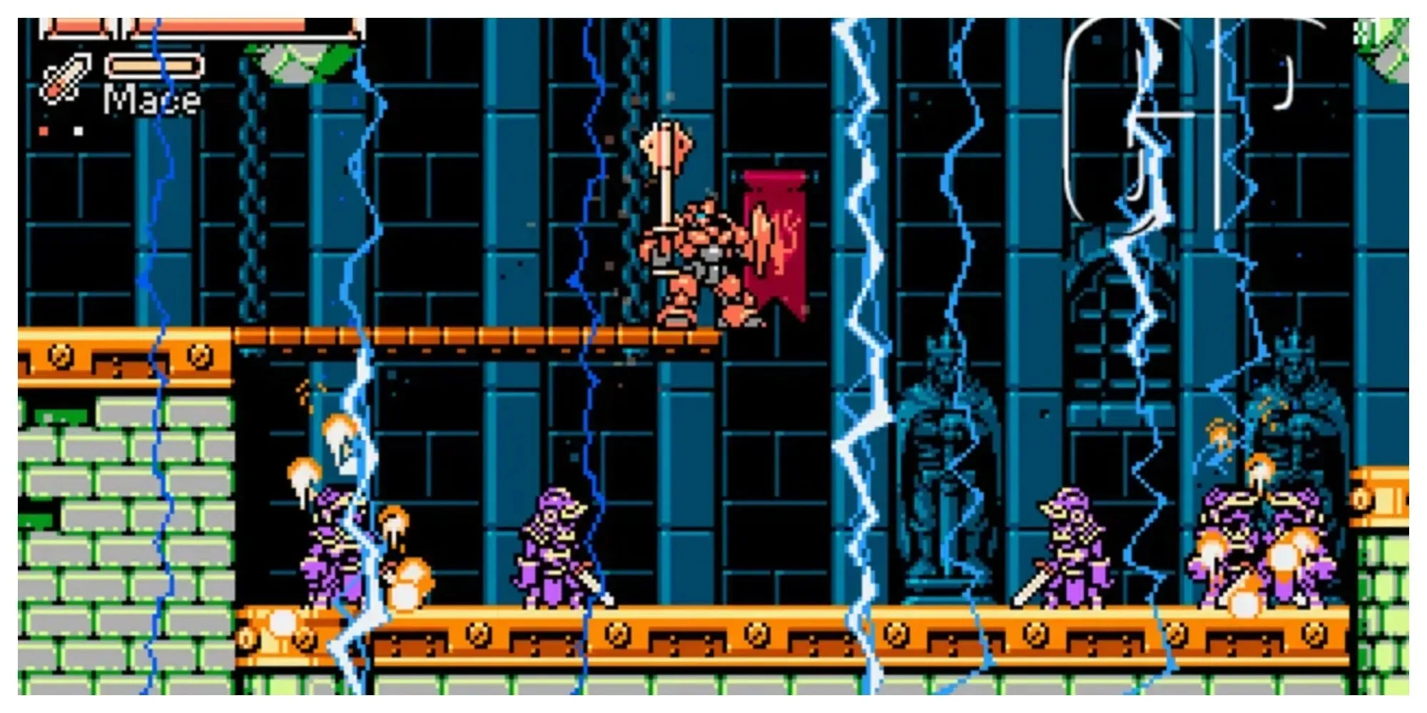 Robot chiến đấu khổng lồ trong Panzer Paladin tung đòn tấn công mạnh mẽ vào kẻ địch, phong cách pixel art hành động