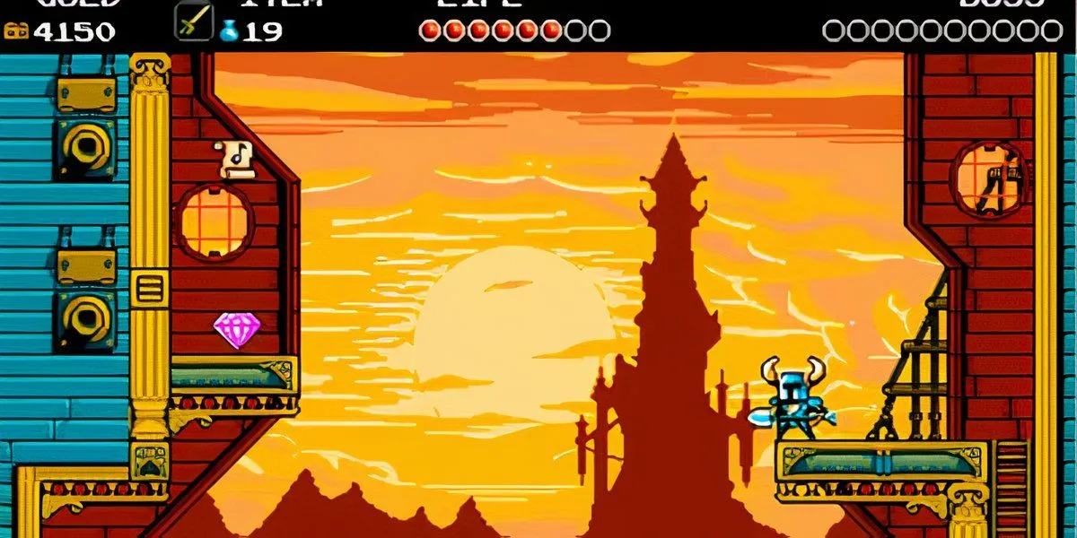 Shovel Knight đứng nhìn về phía lâu đài u ám, chuẩn bị cho thử thách tốc độ trong game