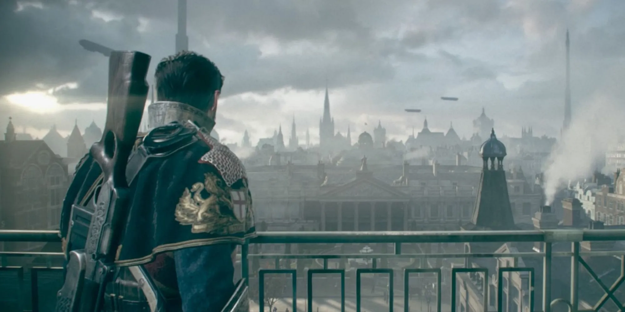 Sir Galahad nhìn xuống thành phố London steampunk từ trên cao trong The Order 1886 với những chiếc khinh khí cầu trên bầu trời