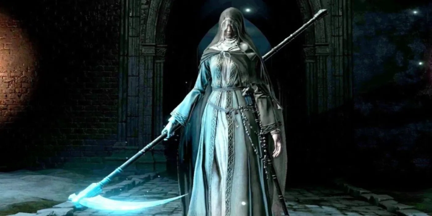 Sister Friede cầm cây đại鎌 Friede's Great Scythe trong Dark Souls 3 Ashes of Ariandel