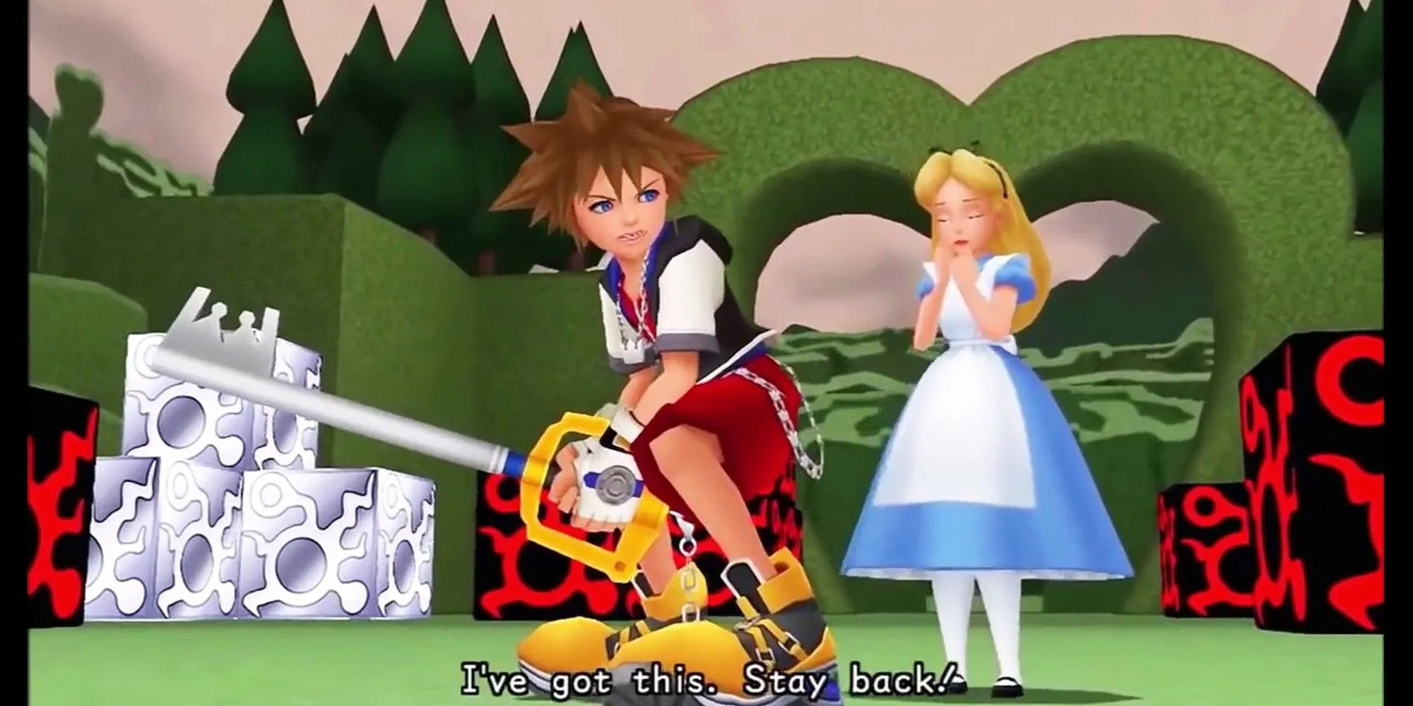 Sora bảo vệ Alice tại thế giới Wonderland đầy kỳ lạ trong Kingdom Hearts 1.