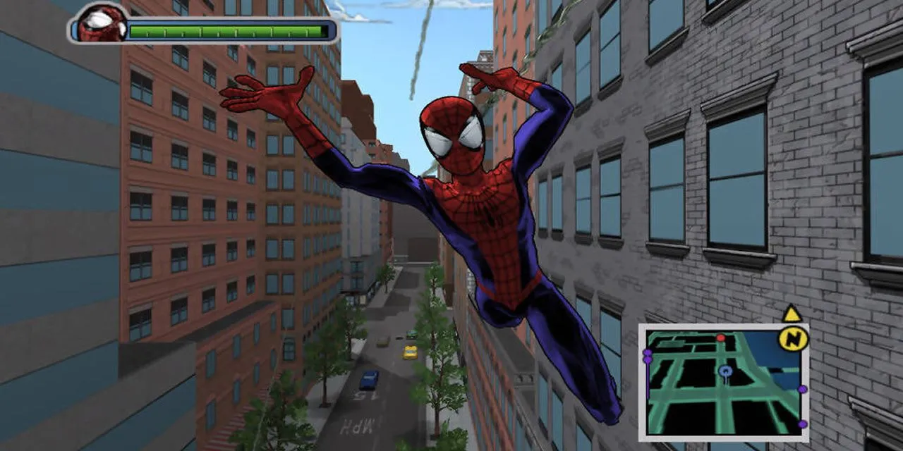 Spider-Man chiến đấu trong game Ultimate Spider-Man với hiệu ứng truyện tranh nổi bật