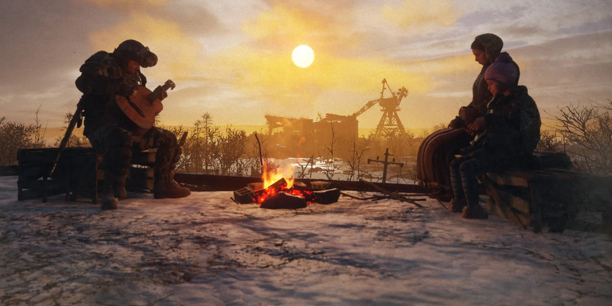 Stepan trên con tàu Aurora trong Metro Exodus với khung cảnh mùa đông Volga