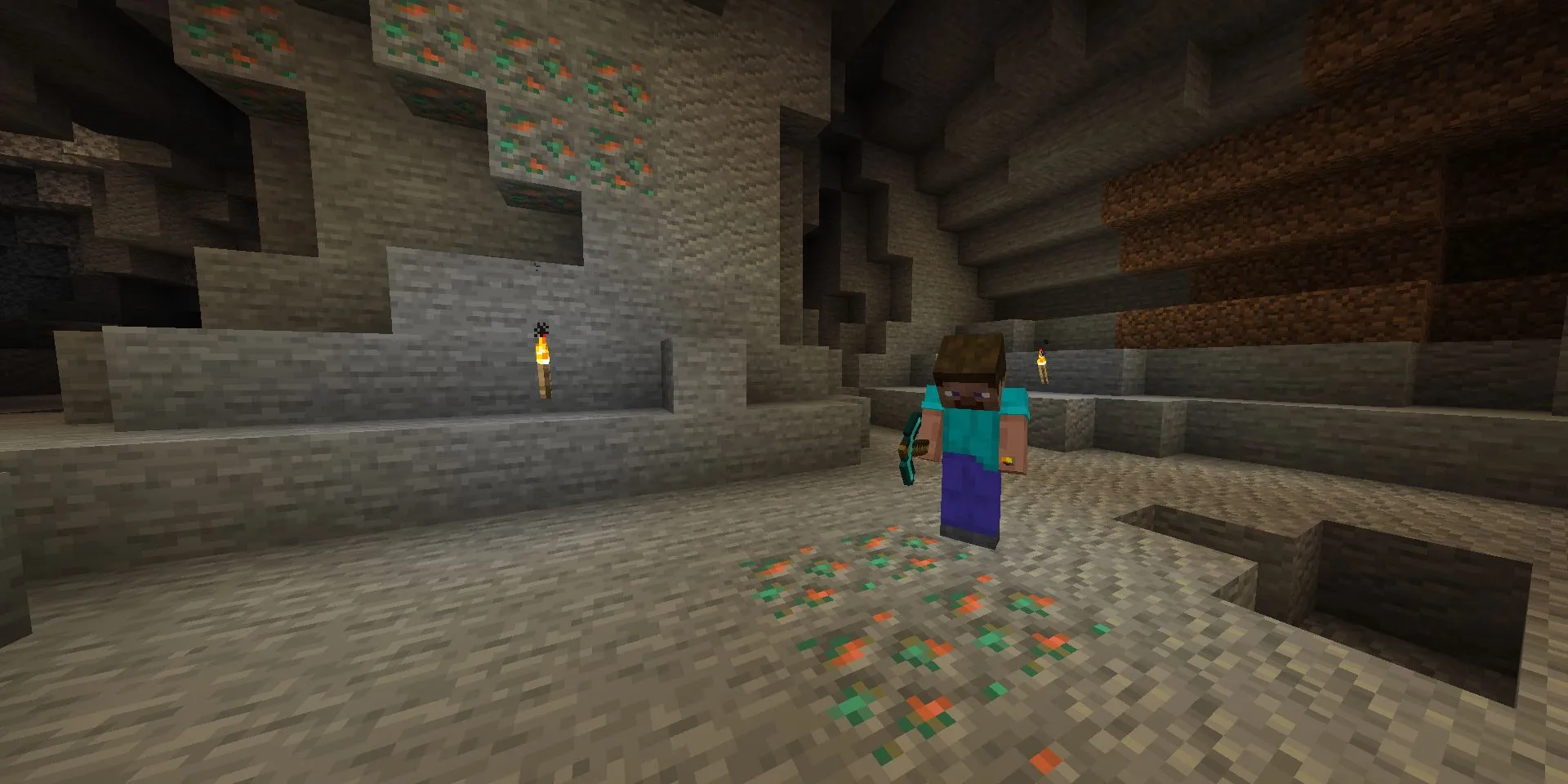Steve đang khai thác quặng đồng (Copper) trong Minecraft, loại quặng bị đánh giá là ít hữu dụng trong cập nhật Caves &amp; Cliffs