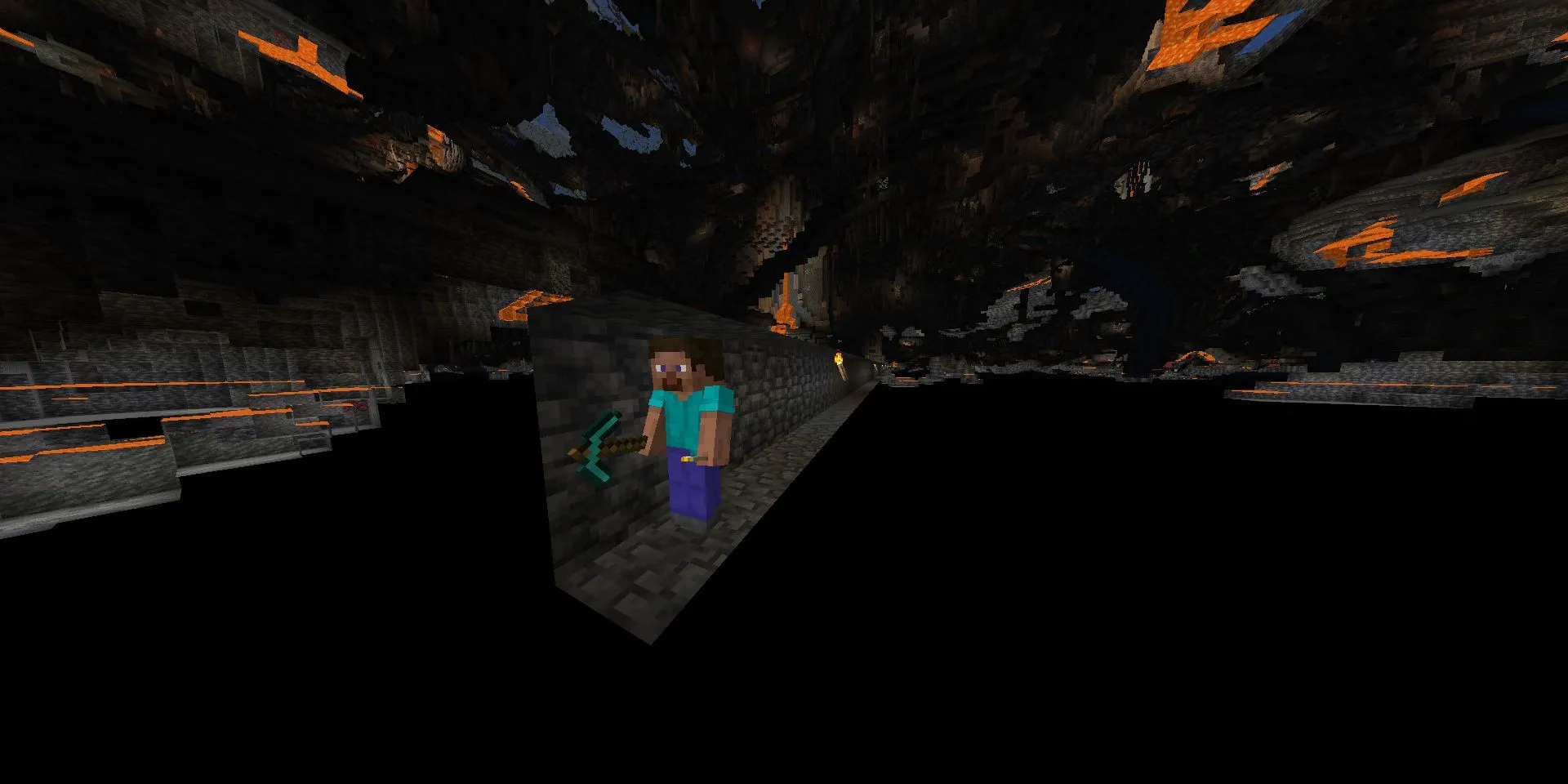 Steve đào mỏ (strip mining) trong khu vực Deepslate sâu dưới lòng đất Minecraft, mô tả quá trình tìm quặng tẻ nhạt ở phiên bản mới