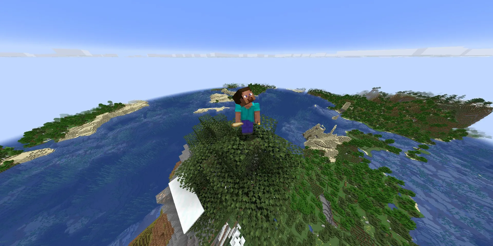 Steve đứng trên cây ở đỉnh núi cao trong Minecraft, thể hiện sự rộng lớn và khó di chuyển của thế giới mới
