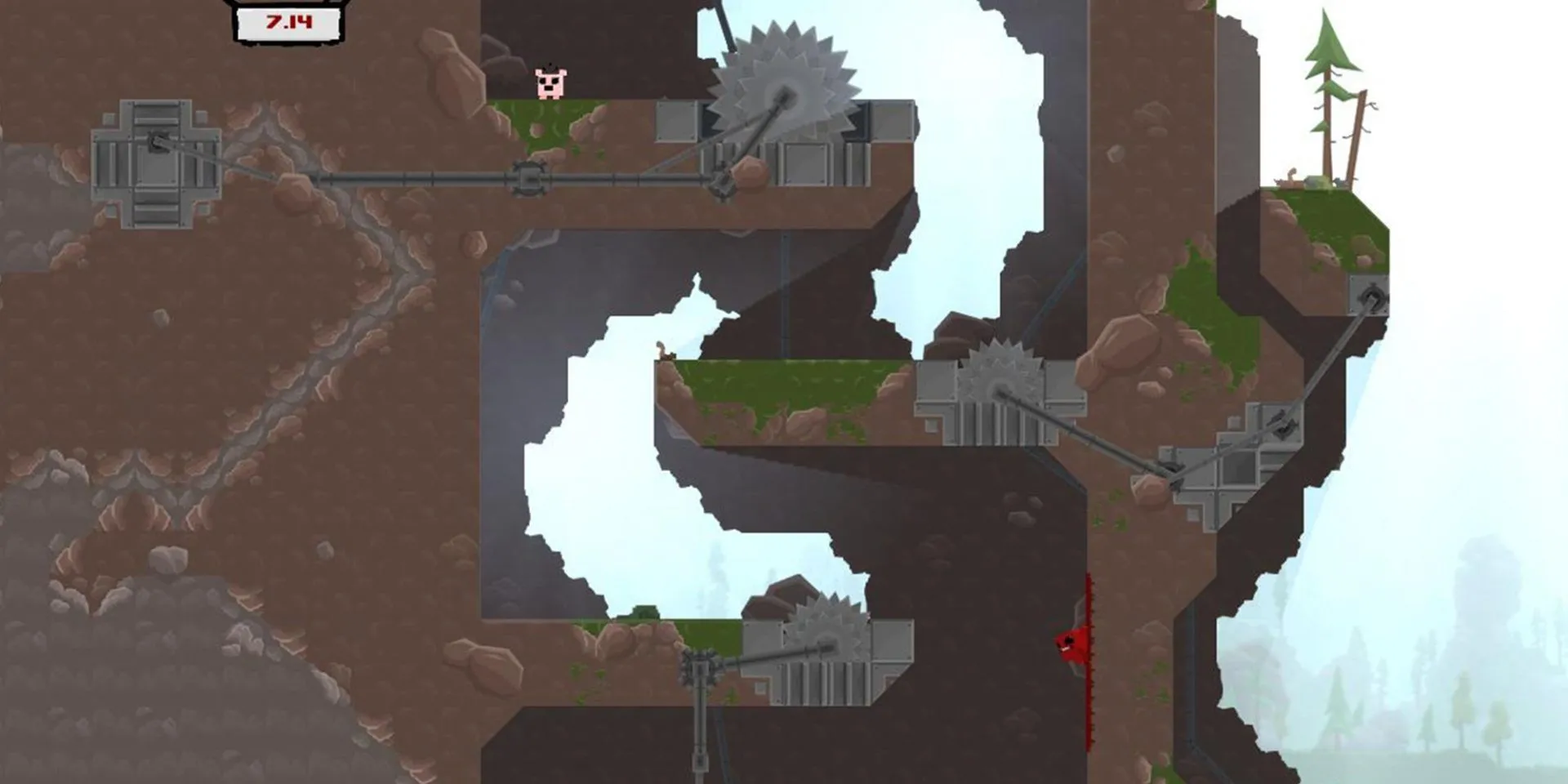 Super Meat Boy vượt qua chướng ngại vật nguy hiểm để giải cứu Bandage Girl trong thử thách tốc độ nghẹt thở