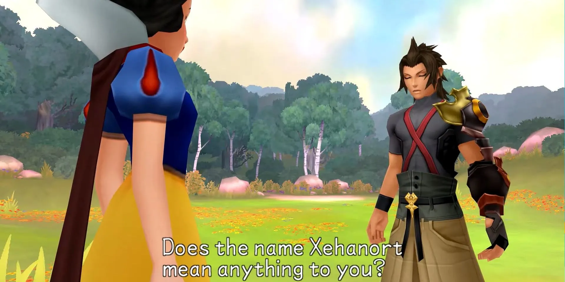 Terra trò chuyện với Bạch Tuyết tại rừng Dwarf Woodlands trong Kingdom Hearts Birth by Sleep.