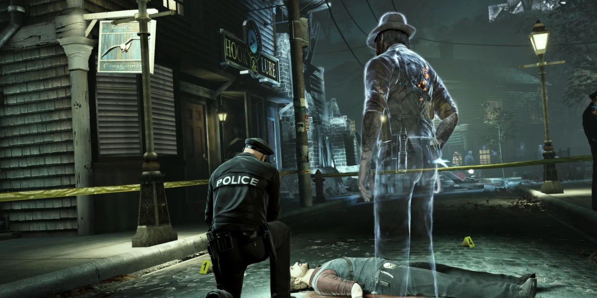 Thám tử ma Ronan O'Conner nhìn xác chết của chính mình trong Murdered Soul Suspect
