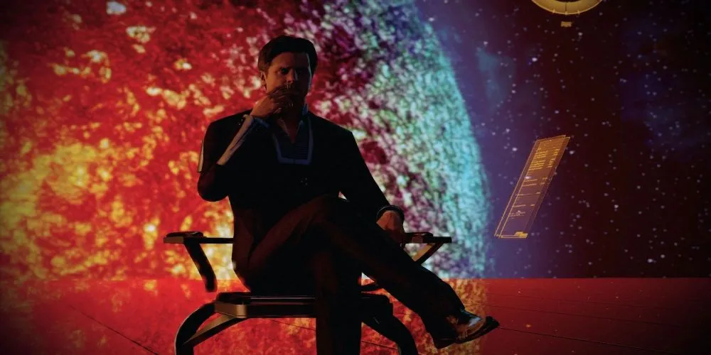 The Illusive Man ngồi trong văn phòng nhìn ra không gian trong Mass Effect