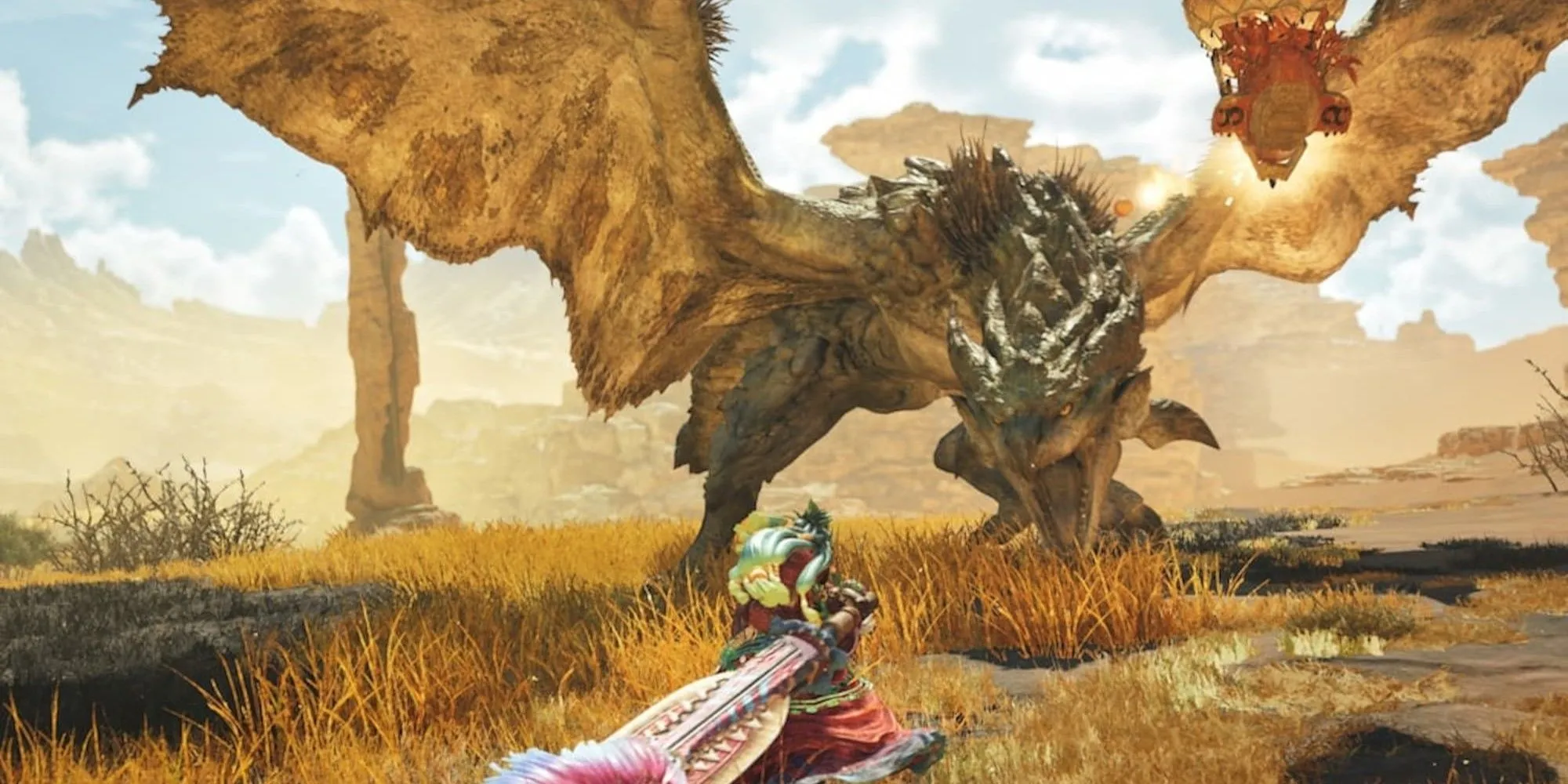 Thợ săn chiến đấu với quái vật lớn trong Monster Hunter Wilds minh họa thành tựu săn bắn