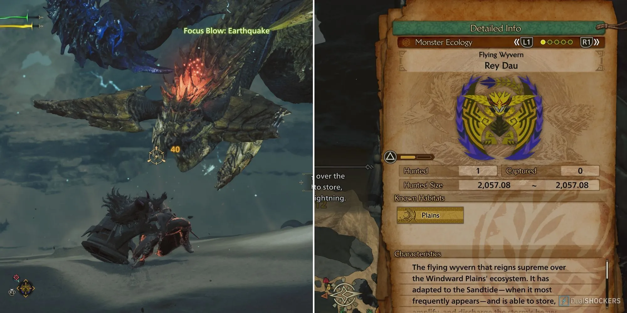 Thợ săn đang tung chiêu tấn công quái vật Rey Dau khổng lồ trong Monster Hunter Wilds