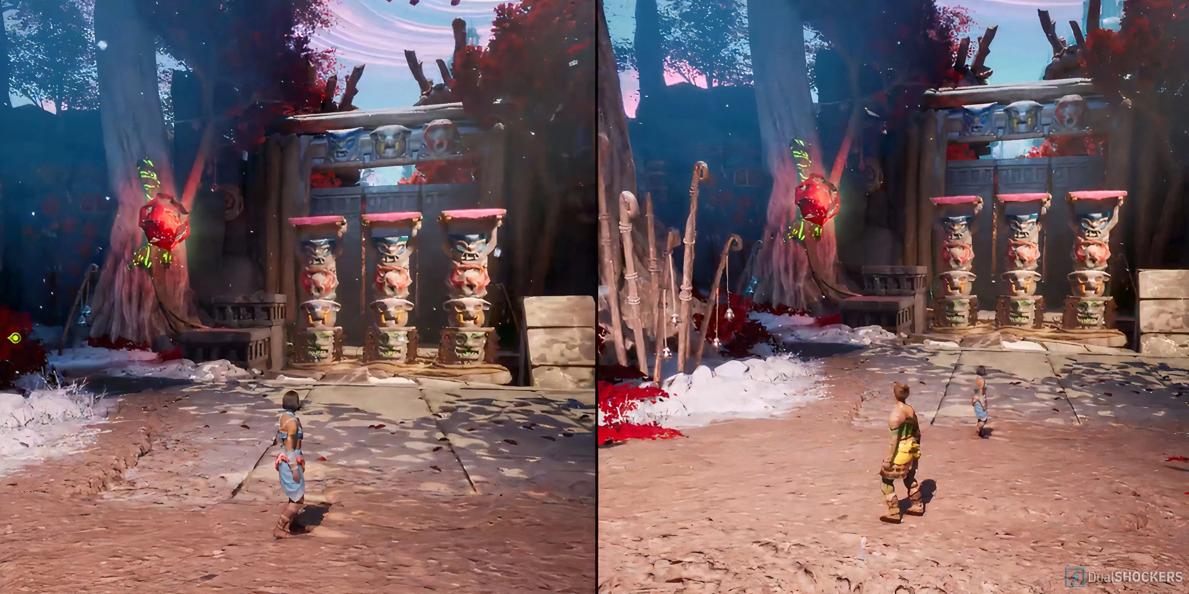 Toàn cảnh câu đố Totem Pole trong Split Fiction chương Hopes of Spring với ba cột totem trước cánh cửa