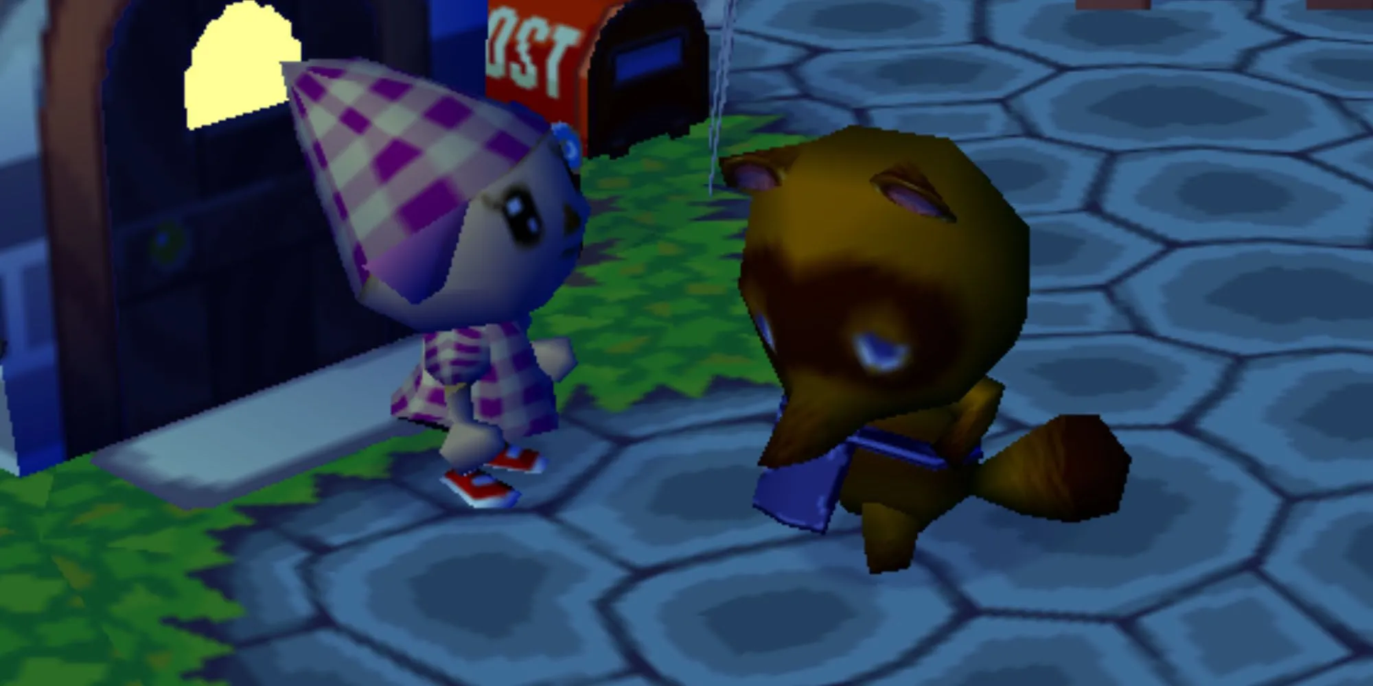 Tom Nook, chú gấu mèo chủ doanh nghiệp trong Animal Crossing, tươi cười trước cửa hàng