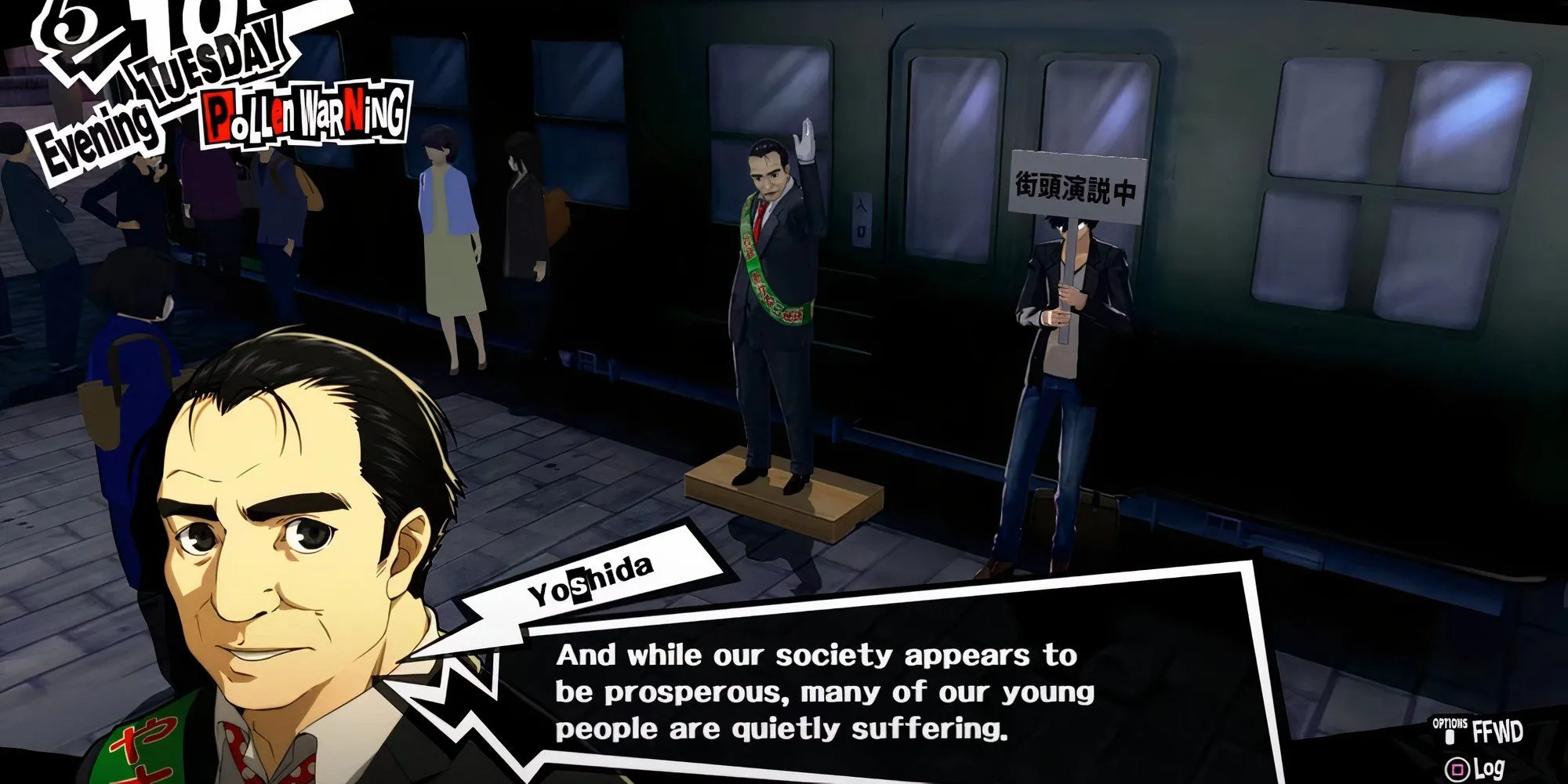 Toranosuke Yoshida đang diễn thuyết tại Shibuya trong Persona 5 Royal vào một buổi tối Chủ Nhật.