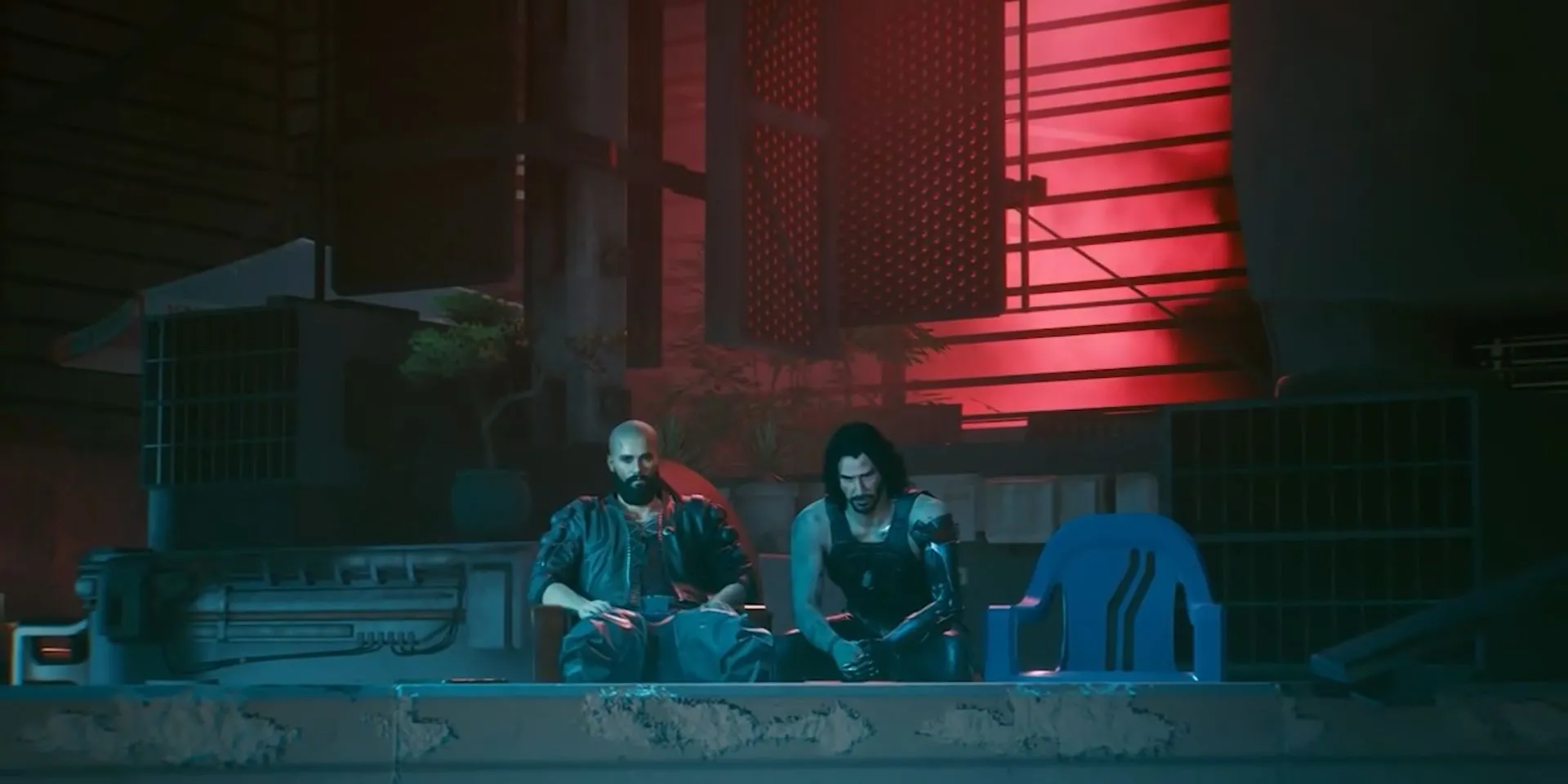 V và Johnny Silverhand trên mái nhà nhìn thành phố Night City trong Cyberpunk 2077