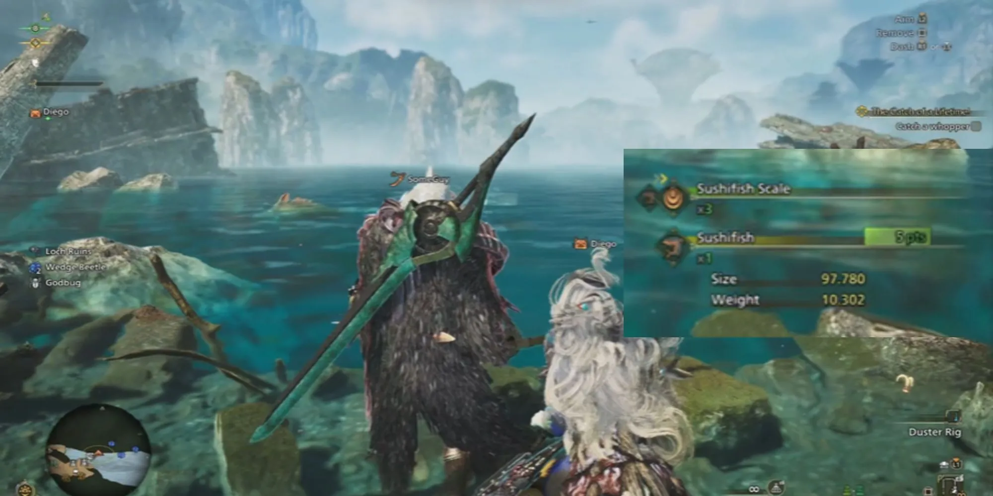 Vật phẩm có thể thu được từ việc câu cá trong Monster Hunter Wilds, ví dụ Vảy Mài Dao và Vảy Cá Sushi