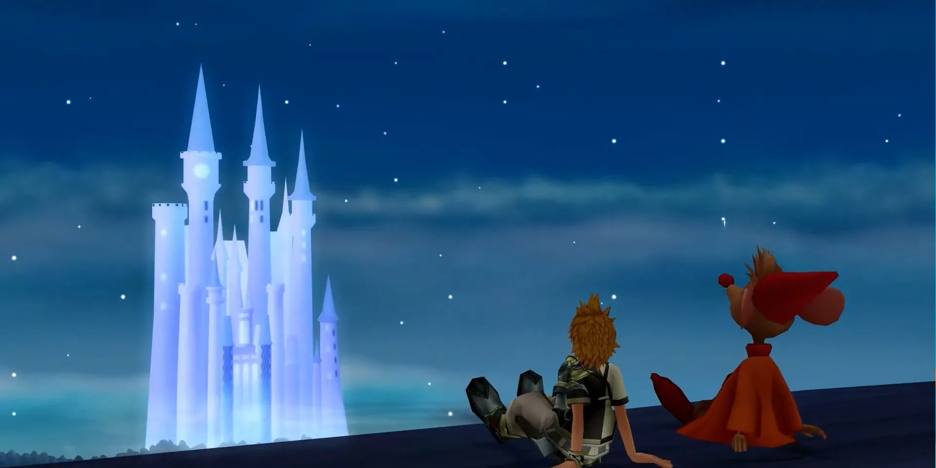 Ventus ngước nhìn Lâu đài Mộng Mơ (Castle of Dreams) từ xa trong Kingdom Hearts Birth by Sleep.