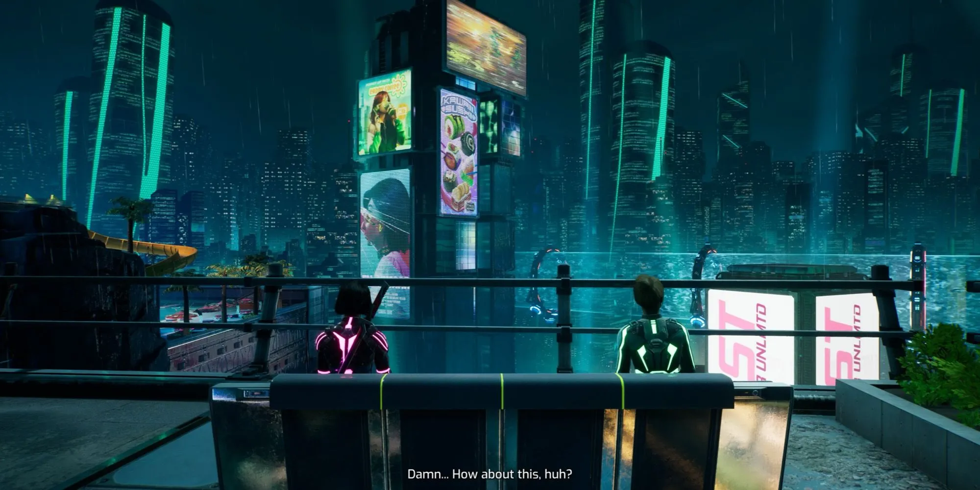 Vị trí băng ghế đầu tiên trên ban công tòa nhà trong Big City Life Neon Revenge - Split Fiction