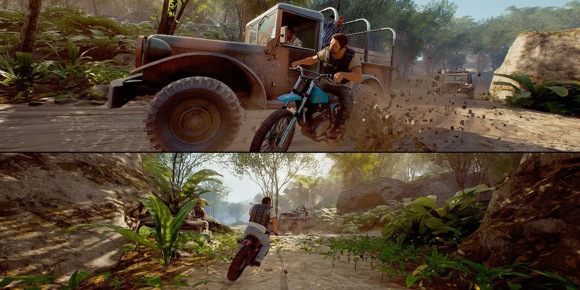 Vincent và Leo lái mô tô trong game A Way Out co-op cốt truyện