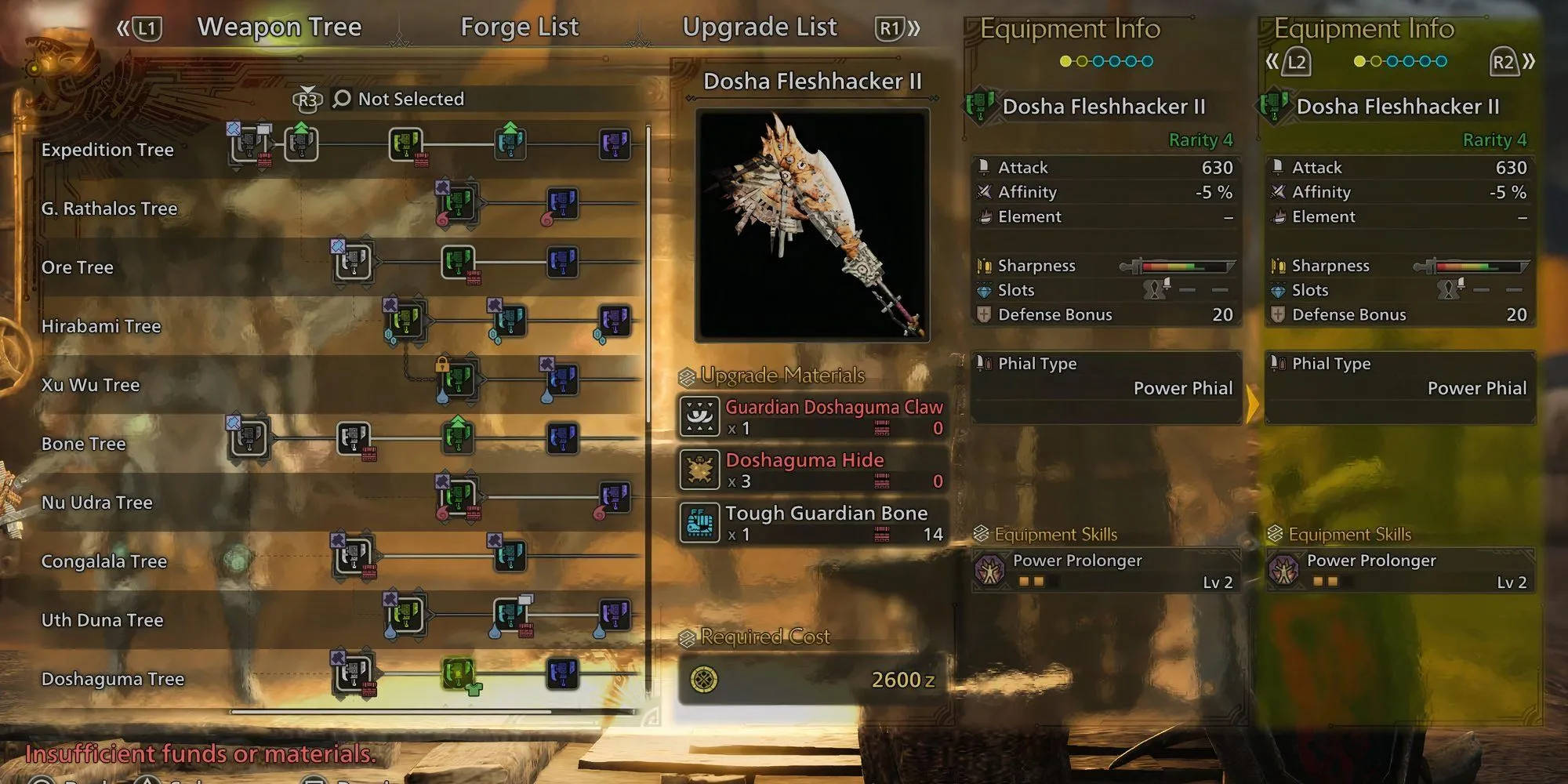 Vũ khí Dosha Fleshhacker II cận cảnh với chỉ số tấn công và phòng thủ trong Monster Hunter Wilds