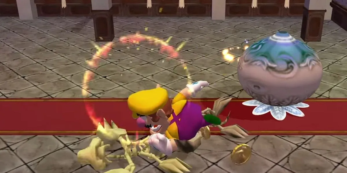 Wario dùng cú húc đầu mạnh mẽ vào một kẻ thù trong game Wario World trên GameCube