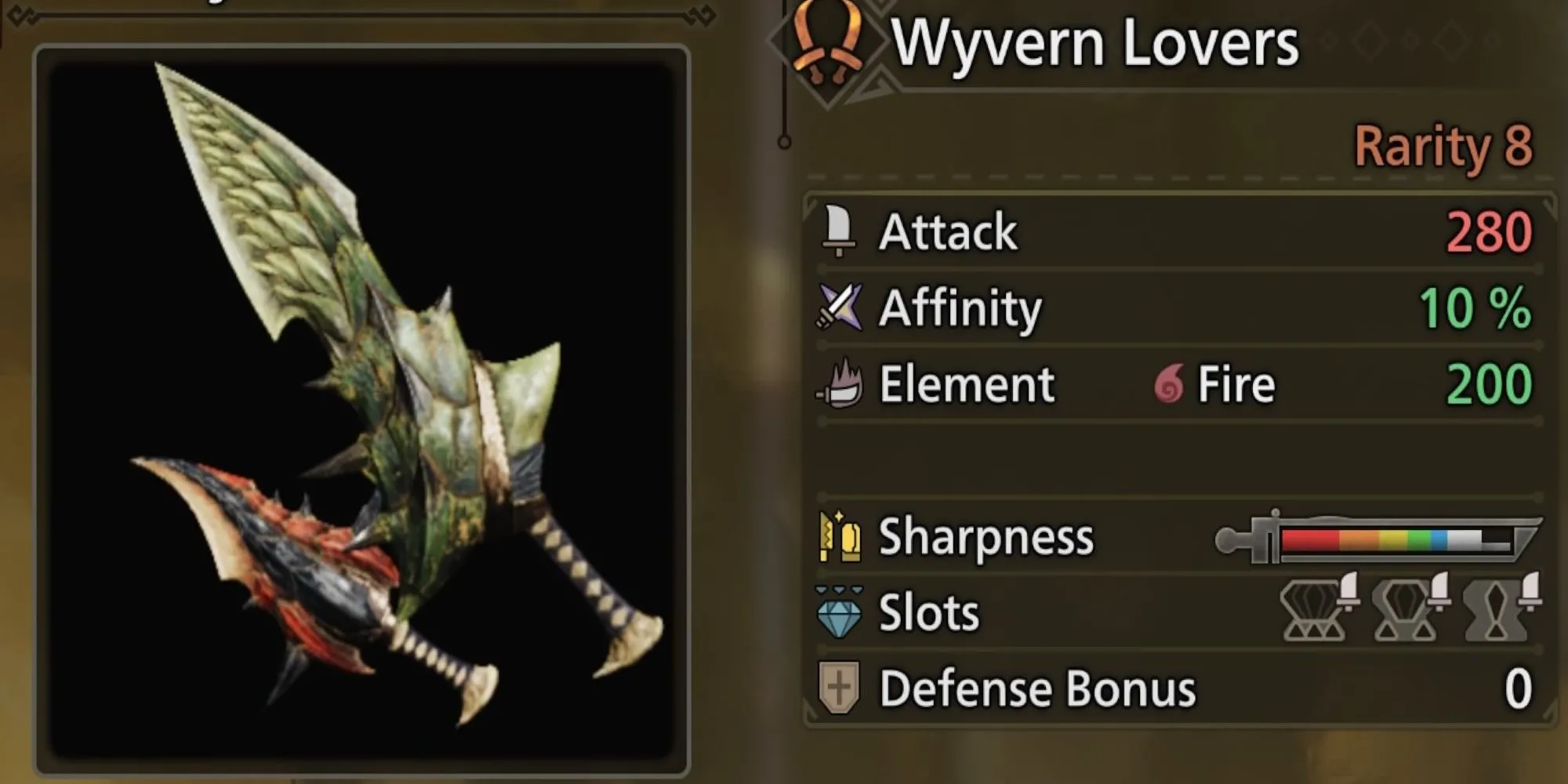 Wyvern Lovers - Song đao hệ lửa hàng đầu từ Rathalos, nổi bật với Affinity và Critical Boost trong Monster Hunter Wilds
