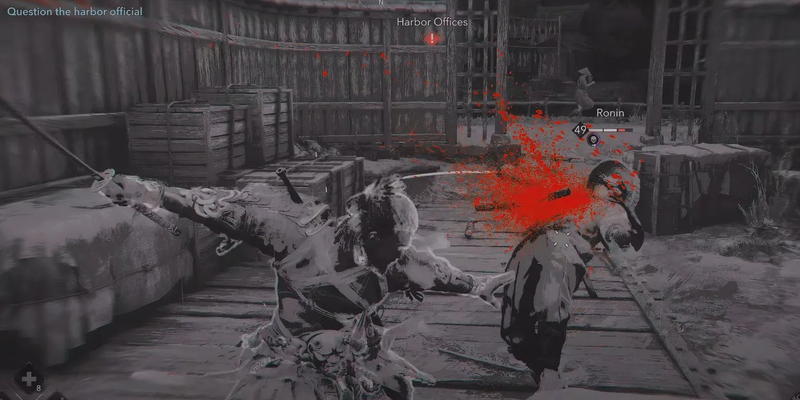 Yasuke dọn dẹp quân lính tại bến cảng trong tuyến nhiệm vụ của anh ấy ở The Wheel Unmasked