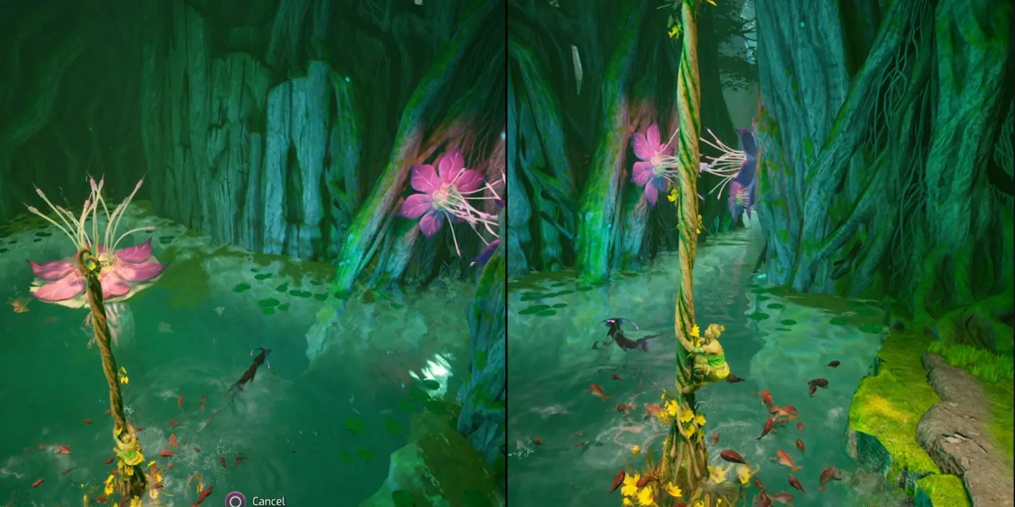 Zoe đứng trên cây nổi và Mio Rái Cá kéo cây qua hồ trong Split Fiction Hopes Of Spring